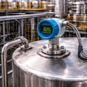 Level sensor installed on industrial tank measuring liquid level for process control and overflow prevention